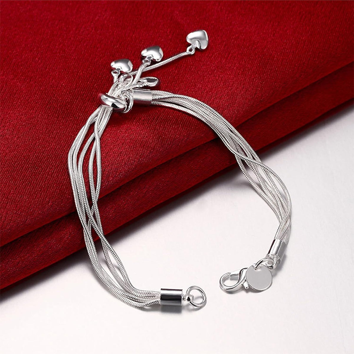 925 Sterling Silver Five-Line Chain & Heart Charm Bracelet Set – Elegant Stackable Bangle