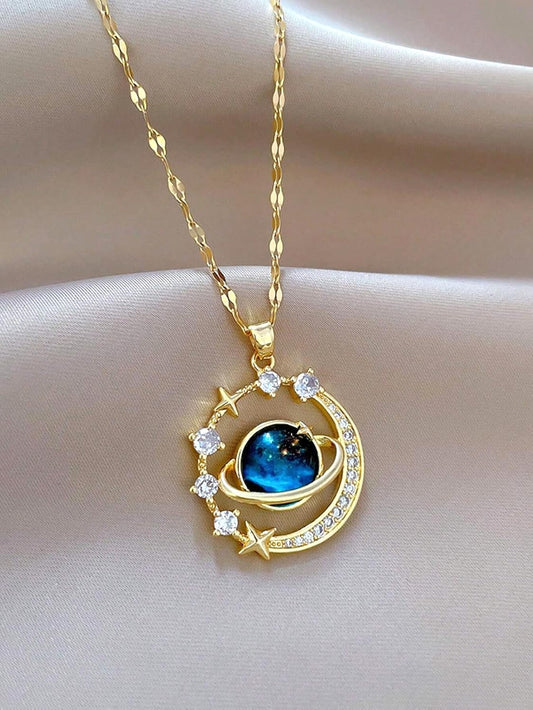 1PCS Gold Necklace, Blue Gemstone Star Pendant, Gold Tone Chain Jewelry for Women, Elegant Moon and Star Necklaces, Fashion Accessory for Special Events