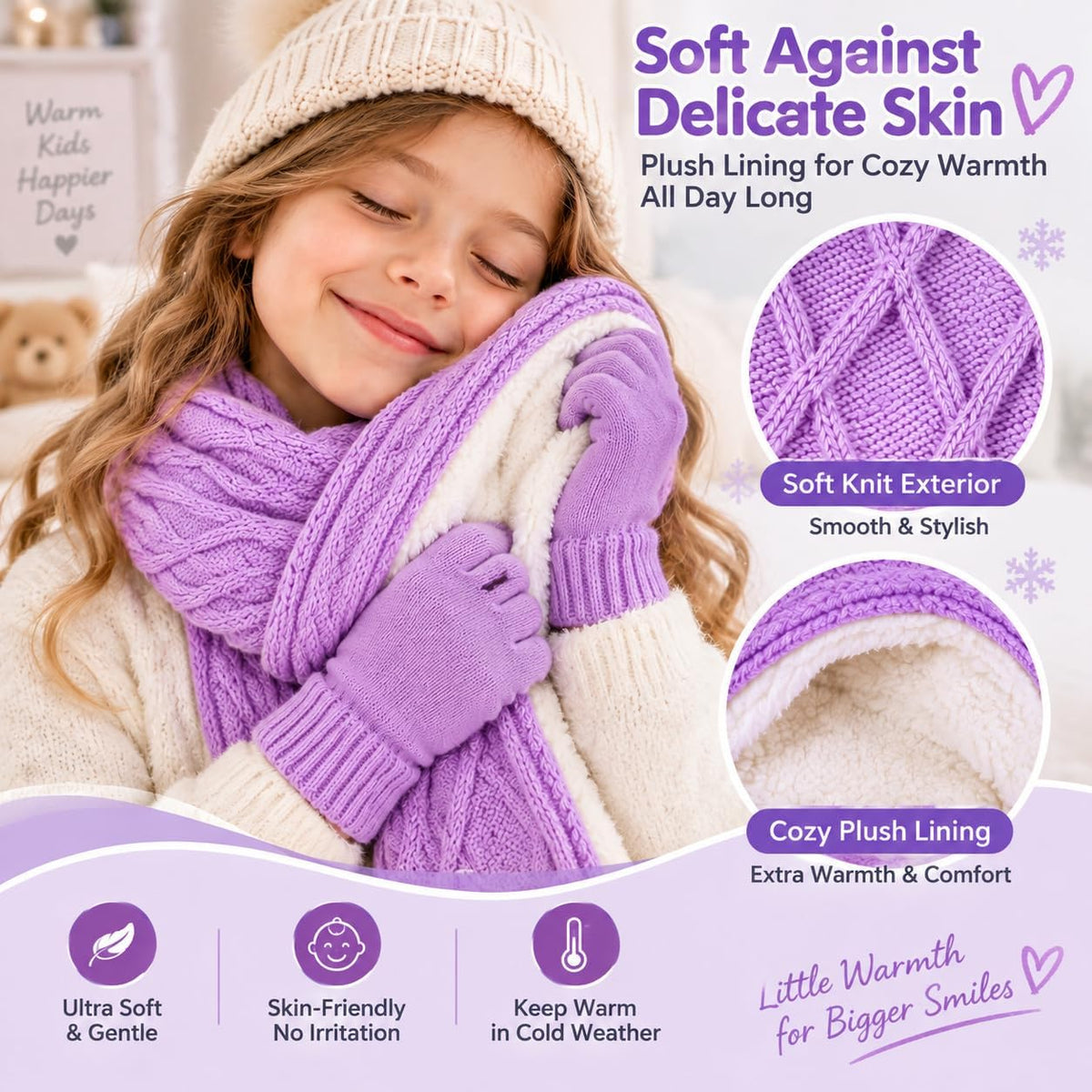 Kids Winter Gloves Scarf Set, Girls Fleece Lined Cable Knit Neck Warmer with Warm Mittens Cold Weather Gifts for Ages 7-14