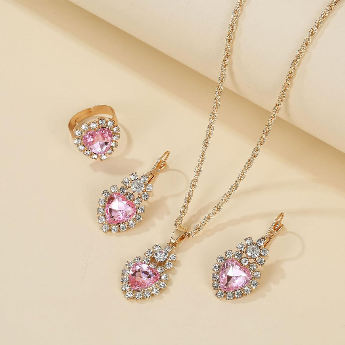Women Earrings Necklace Ring Set Heart Pendant Lightweight Jewelry Set for Women