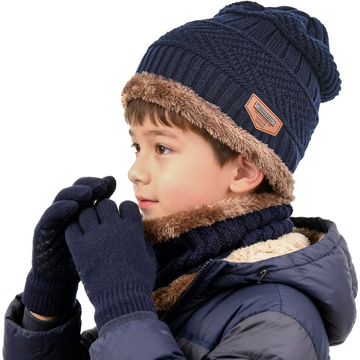 Kids Winter Hat Scarf&Touchscreen Gloves Set，Knitted Beanie with Fleece Lining, Neck Warmer for Boys Girls 4-15 Years