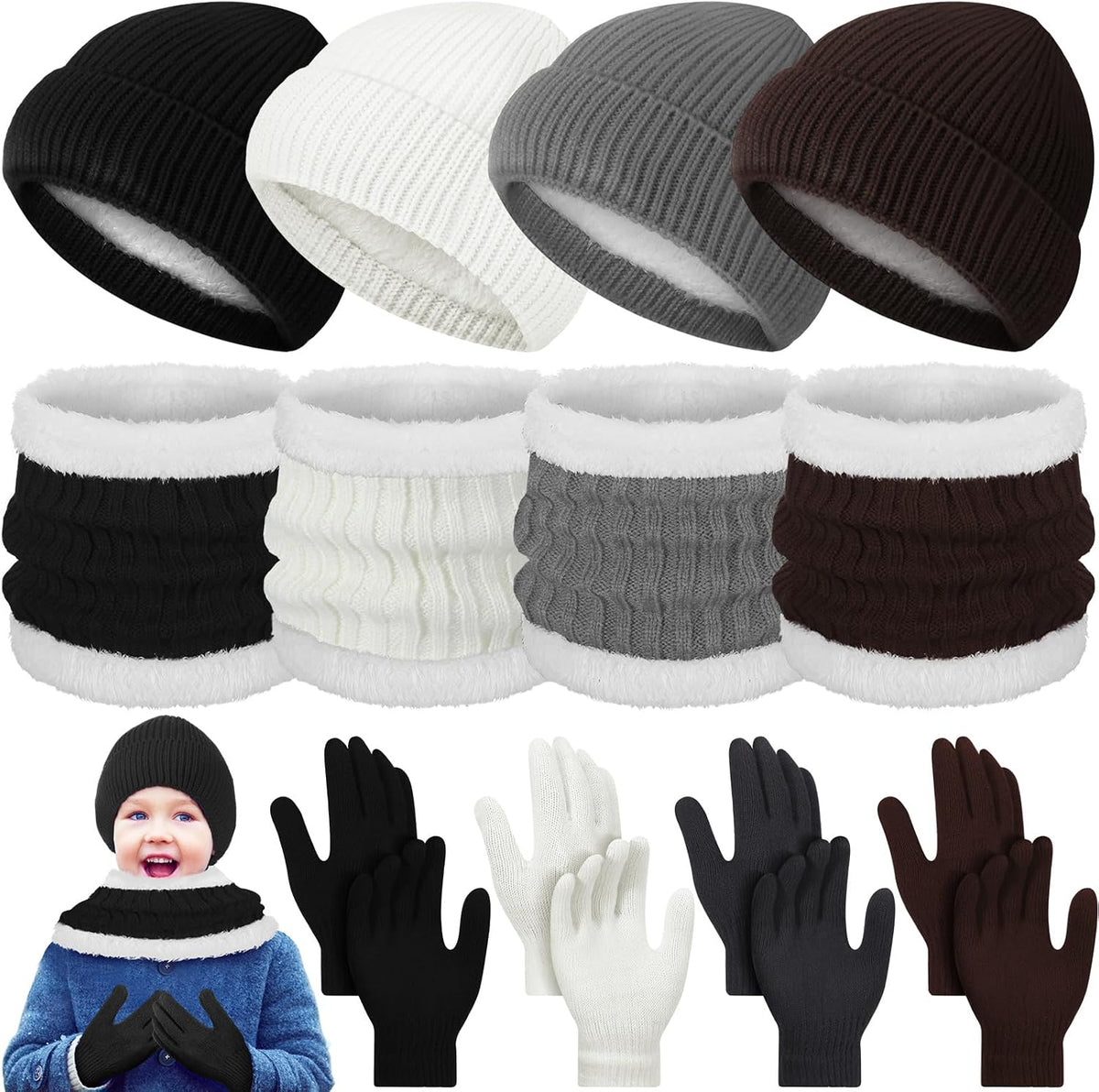 Geyoga 12 Pcs Kids Knitted Winter Hat Gloves Scarf Set for 5-8