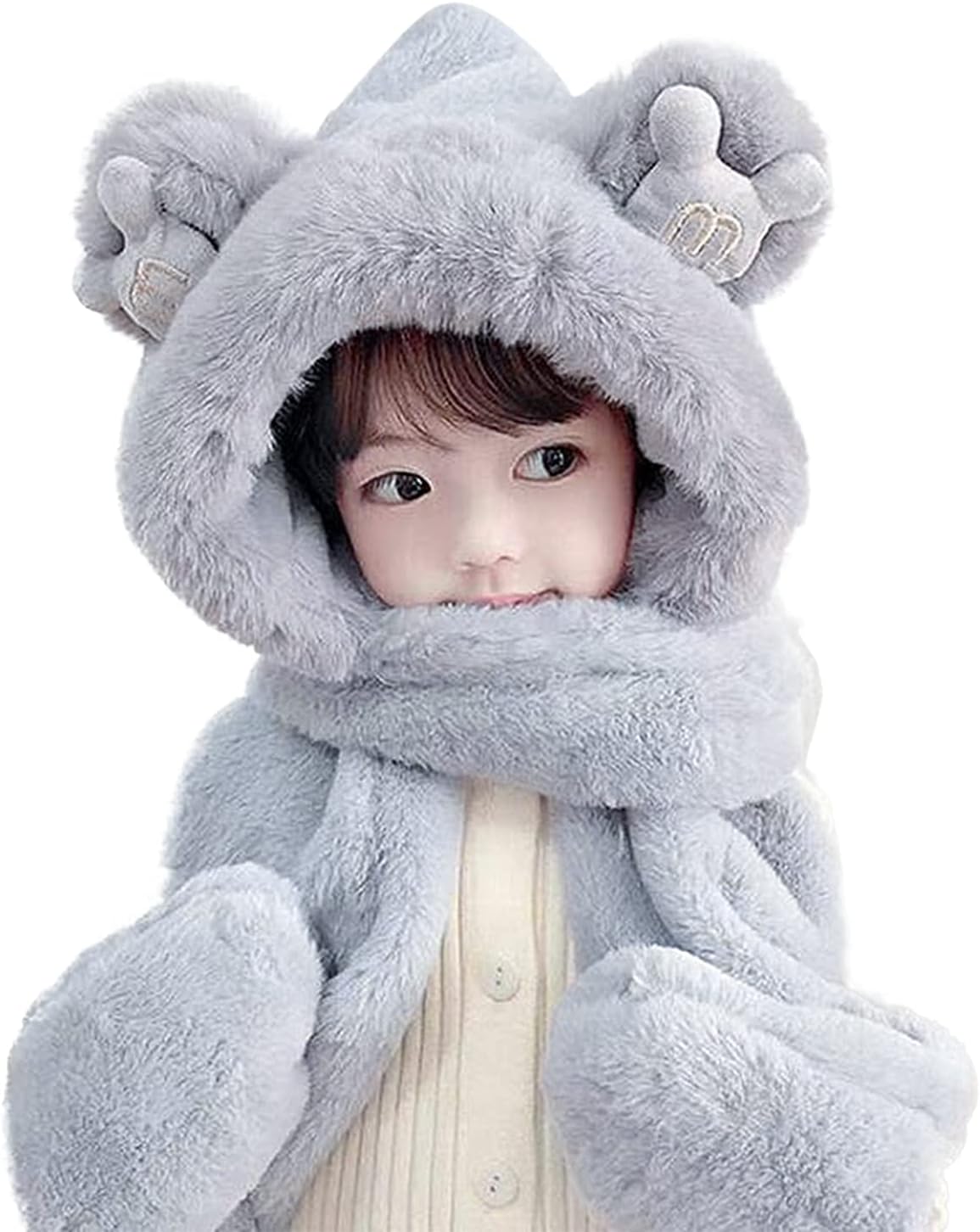 Kids Winter Hat Scarf Mittens 3 in 1 Faux Fur Hat Hooded Scarf Earflap Cap Neck Warmer Fuzzy Hoodie Ski Snow Cap Gloves Set