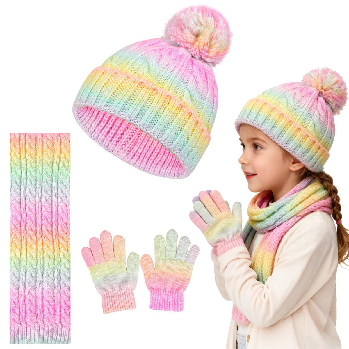 Kids Winter Beanie Hat Gloves Scarf Set, Girls Toddler Children Beanie Hats Gloves Knit Set Neck Warmer for Girls 2-8 year