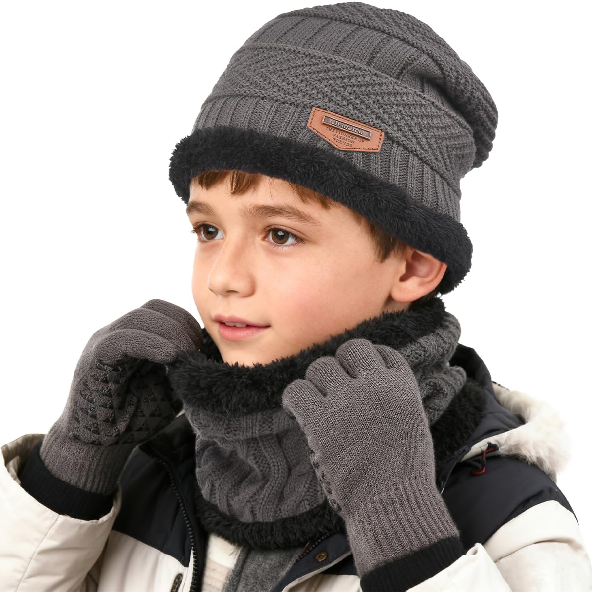 Kids Winter Hat Scarf&Touchscreen Gloves Set，Knitted Beanie with Fleece Lining, Neck Warmer for Boys Girls 4-15 Years