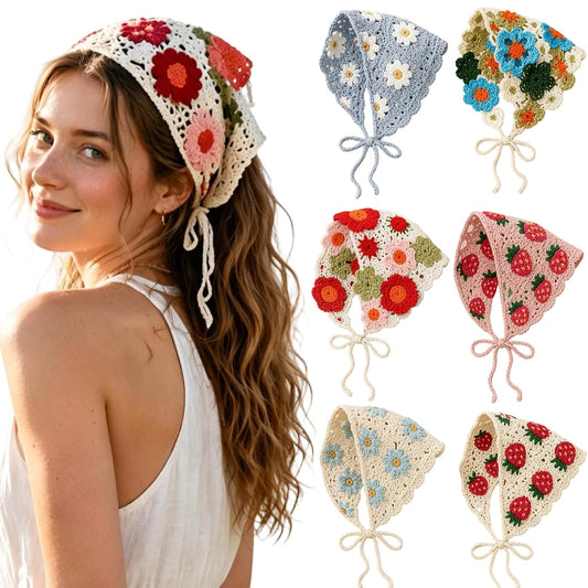 6Pcs Crochet Bandanas for Women, Knitted Floral Headscarf Daisy Pattern Retro Boho Hair Scarf for Girls, Cute Granny Square Headwrap Hand Knit Hair Accessories Set