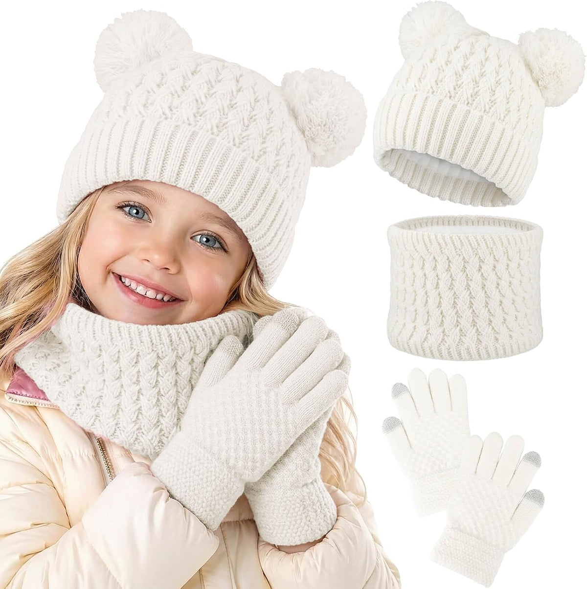 BQUBO Kids Winter Hat Gloves Scarf Set, Unisex Children Beanie Hat with Pom