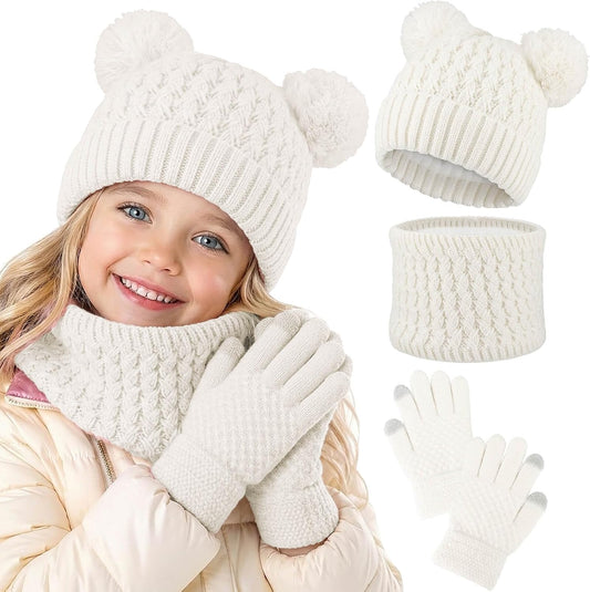 BQUBO Kids Winter Hat Gloves Scarf Set, Unisex Children Beanie Hat with Pom