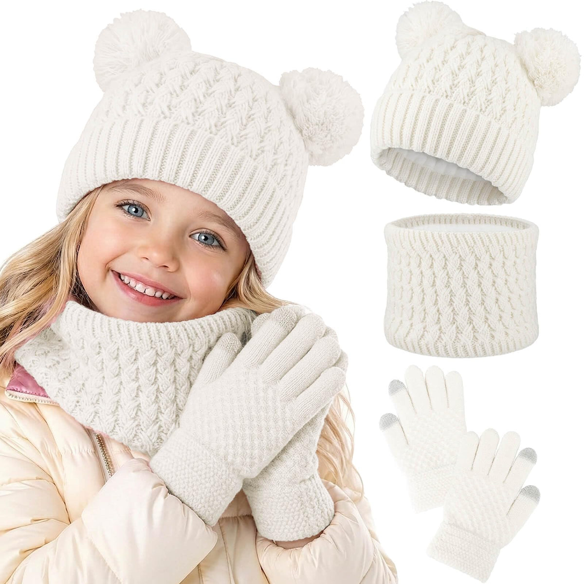 BQUBO Kids Winter Hat Gloves Scarf Set, Unisex Children Beanie Hat with Pom