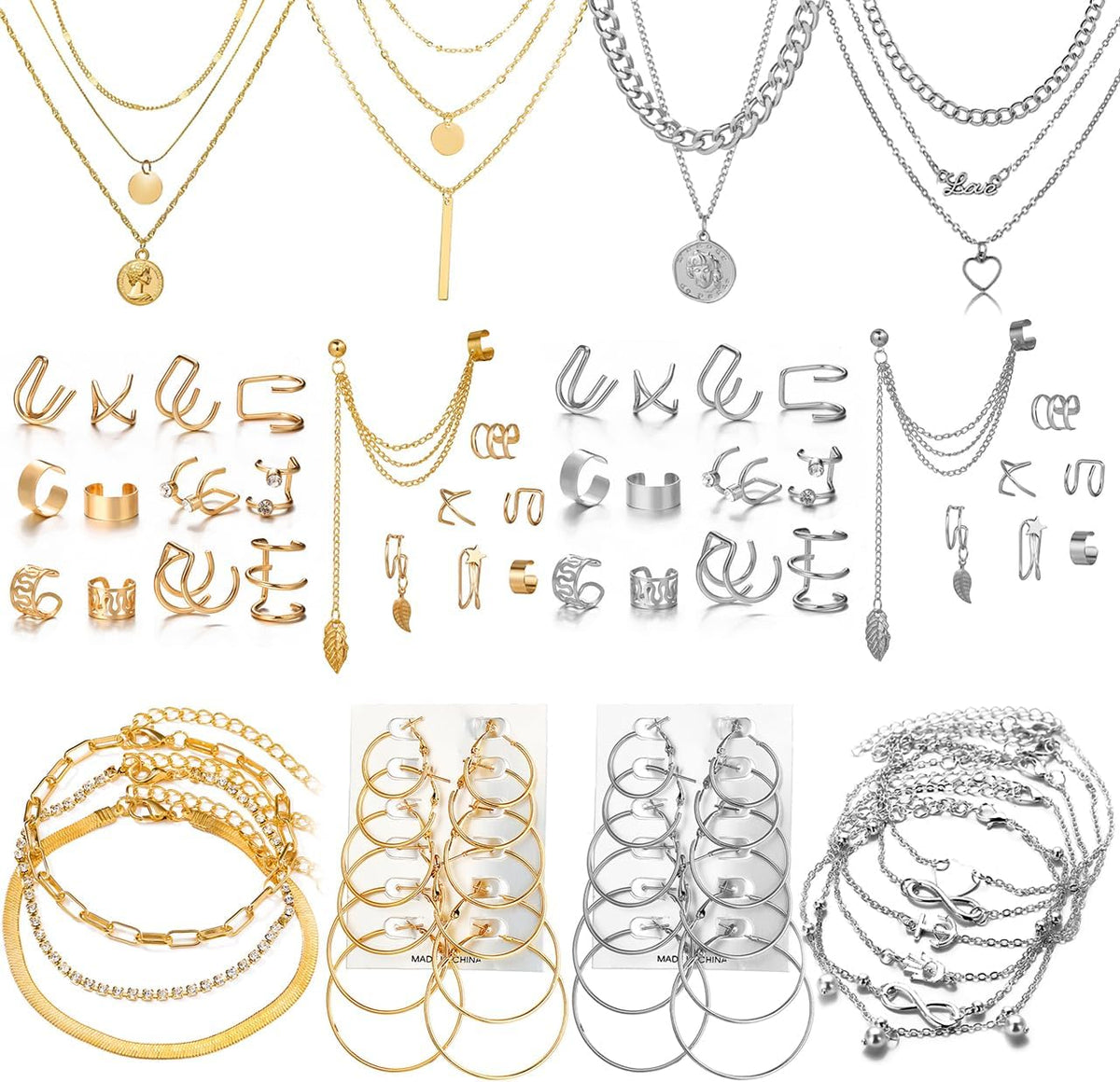 60 PCS Gold Jewelry Set with Multi-Layered Bracelet Necklace, Dangle Earrings, Stackable Ring For Women Valentine Anniversary Jewelry Pack Gifts For Her