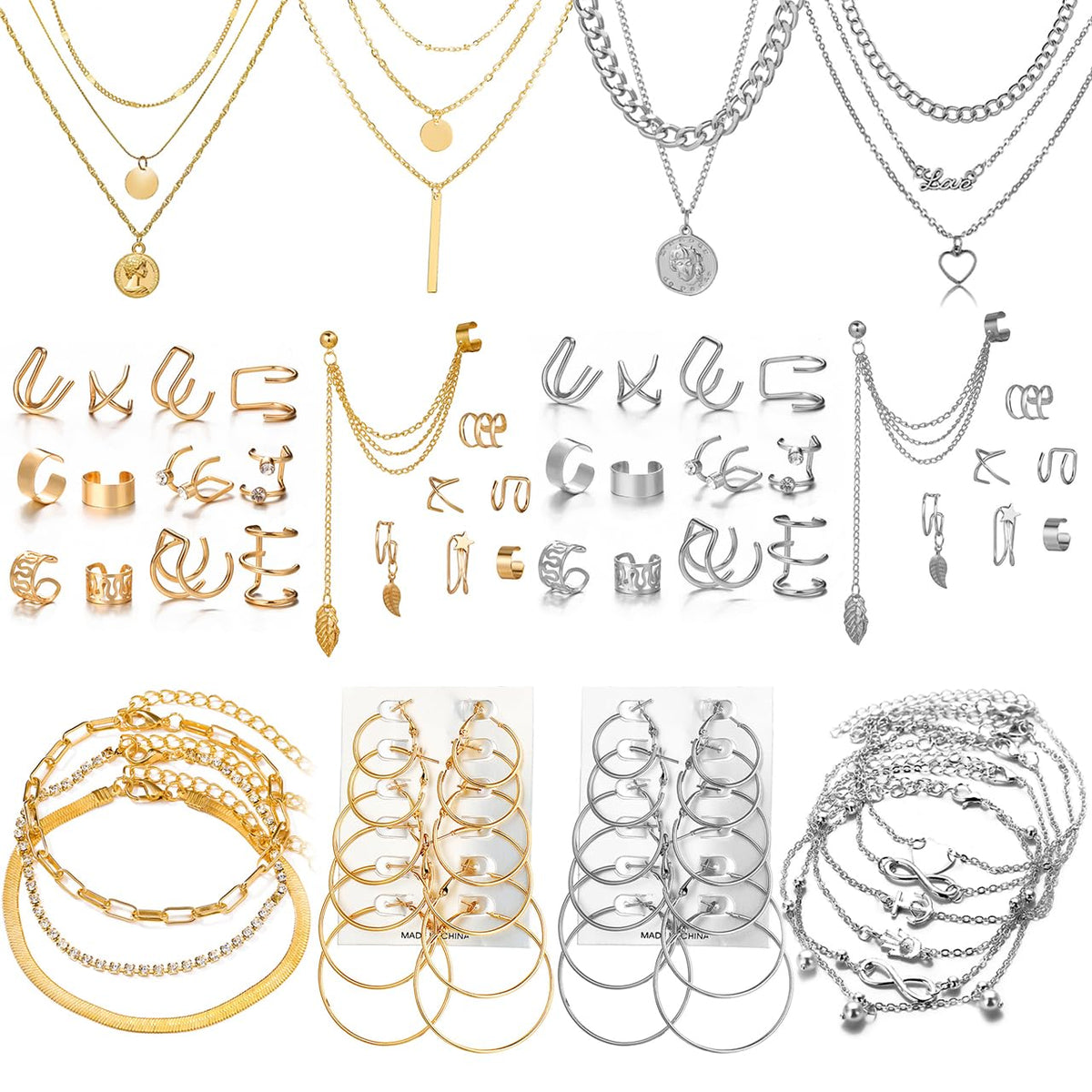 60 PCS Gold Jewelry Set with Multi-Layered Bracelet Necklace, Dangle Earrings, Stackable Ring For Women Valentine Anniversary Jewelry Pack Gifts For Her