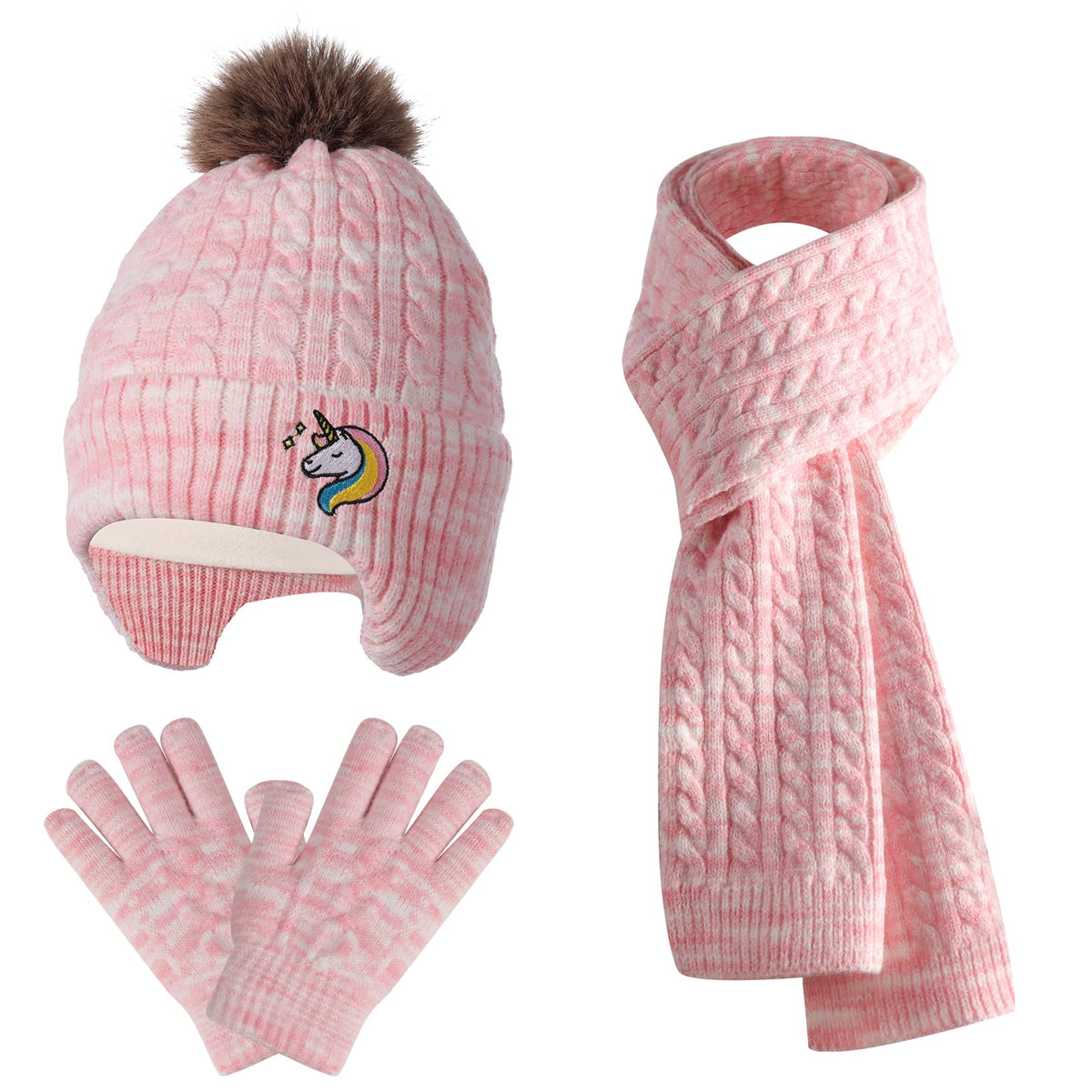 Kids Winter Hat Gloves Scarf Set for 2-14 Years Old Warm Fleece Lining