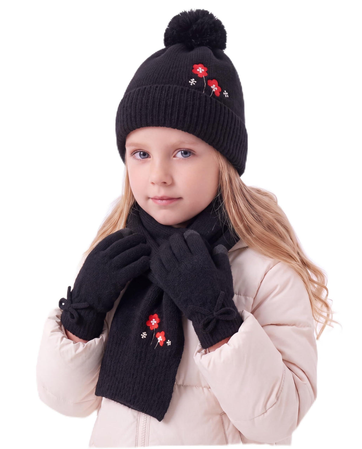 Connectyle Girls Winter Hat Scarf Gloves Set Warm Fleece Lined Pom Beanie