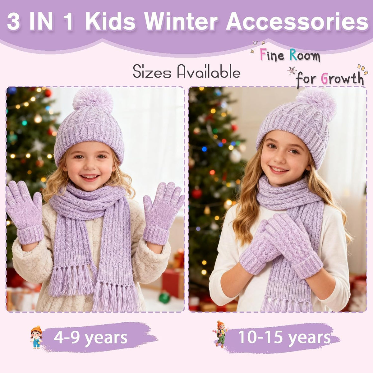 Girls Winter Hat Scarf Gloves Set, Toddler Fleece Lined Beanie Hat with Pom Rainbow Hat Scarf Mittens for Girl 4-15 Year
