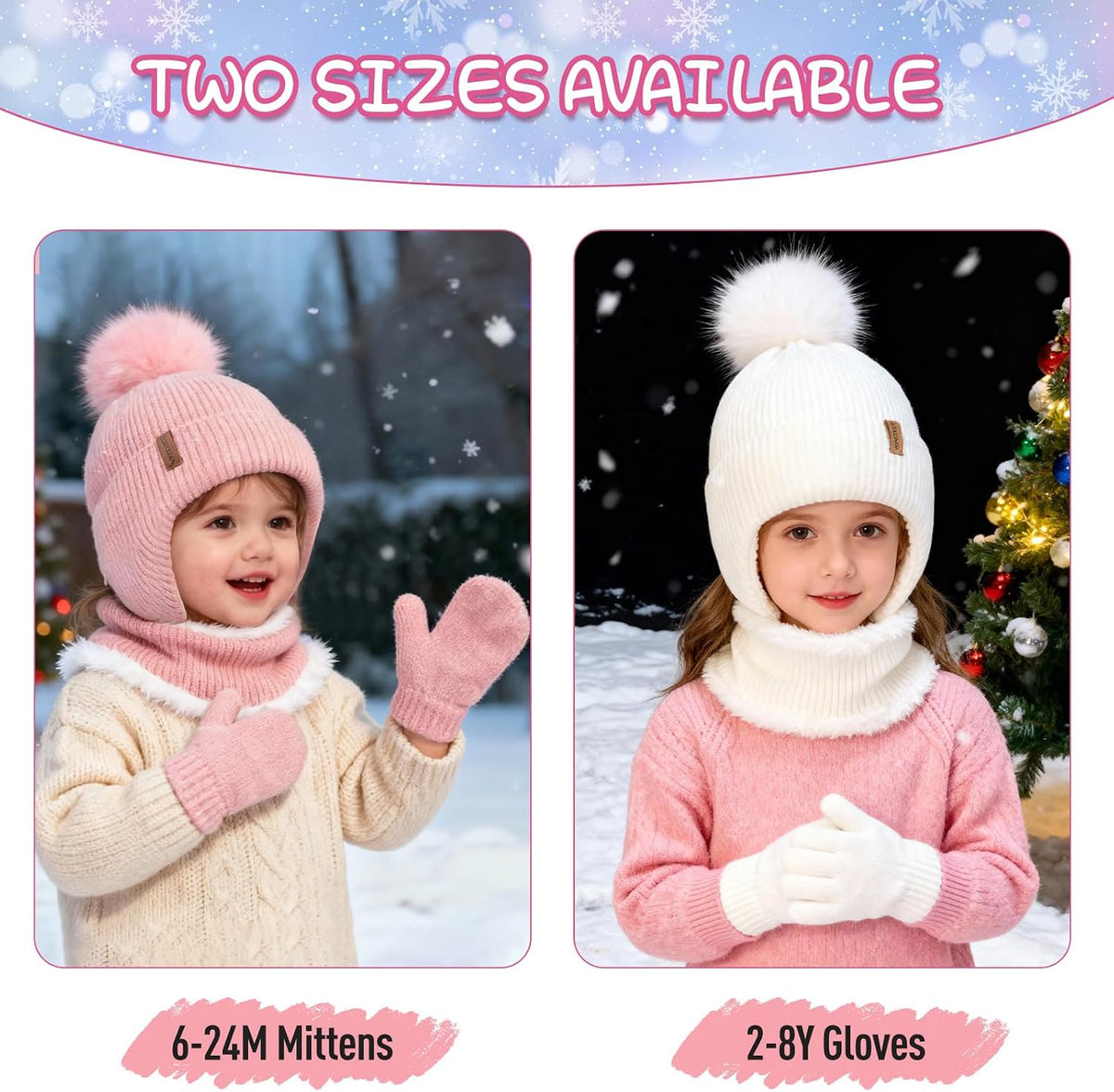 HONGTEYA Toddler Girls Winter Hat Gloves Scarf Set Warm Fleece Lined Knit