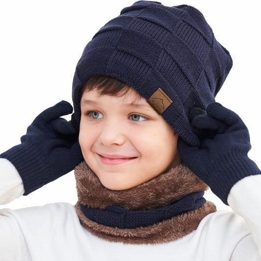 KMOLY Kids Winter Beanie Hat Scarf Touchscreen Gloves Set for Boys Girls 4-15 Years Warm Skull Cap Fleece Lined Knitted Hat