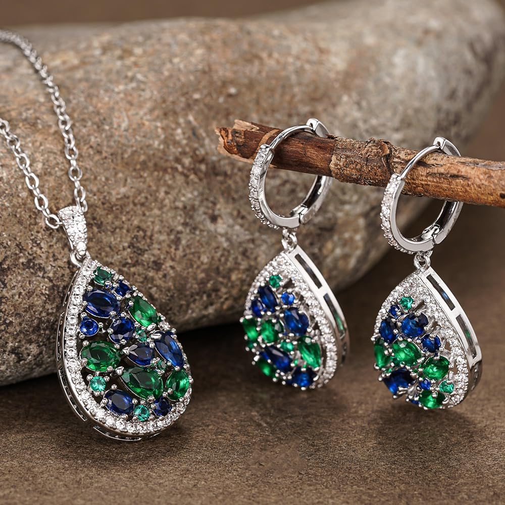 Delicate Color CZ Pendant Necklace Earrings Female Sparkling Jewelry Set