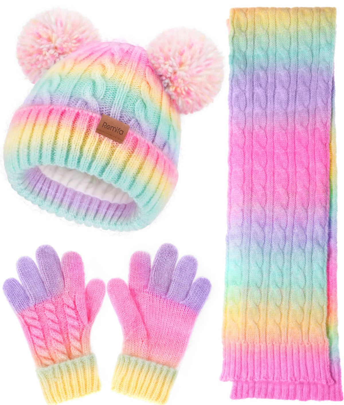 Kids Winter Hat Scarf Gloves Set, Toddler Girl Boy 8% Wool Fleece Lined Pom Beanie Knit Neck Mittens Children Christmas Gifts