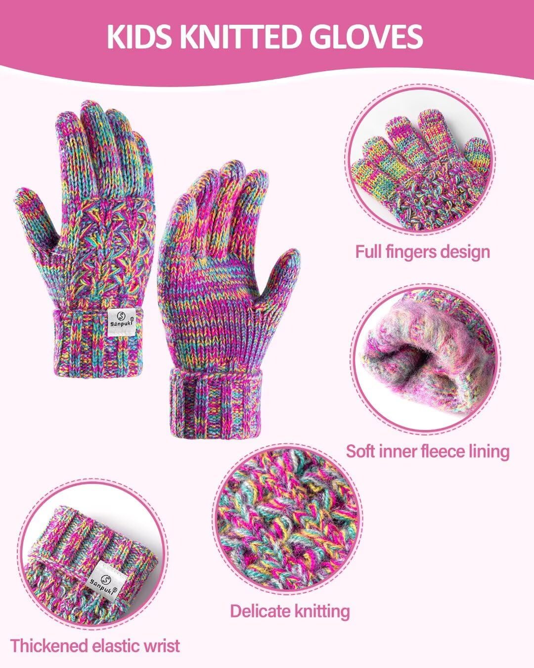Kids Winter Hat Gloves Scarf Set,Girls Toddler Winter Hat Beanie with Pom Neck Warmer Gaiter Mittens Fleece Lined Set