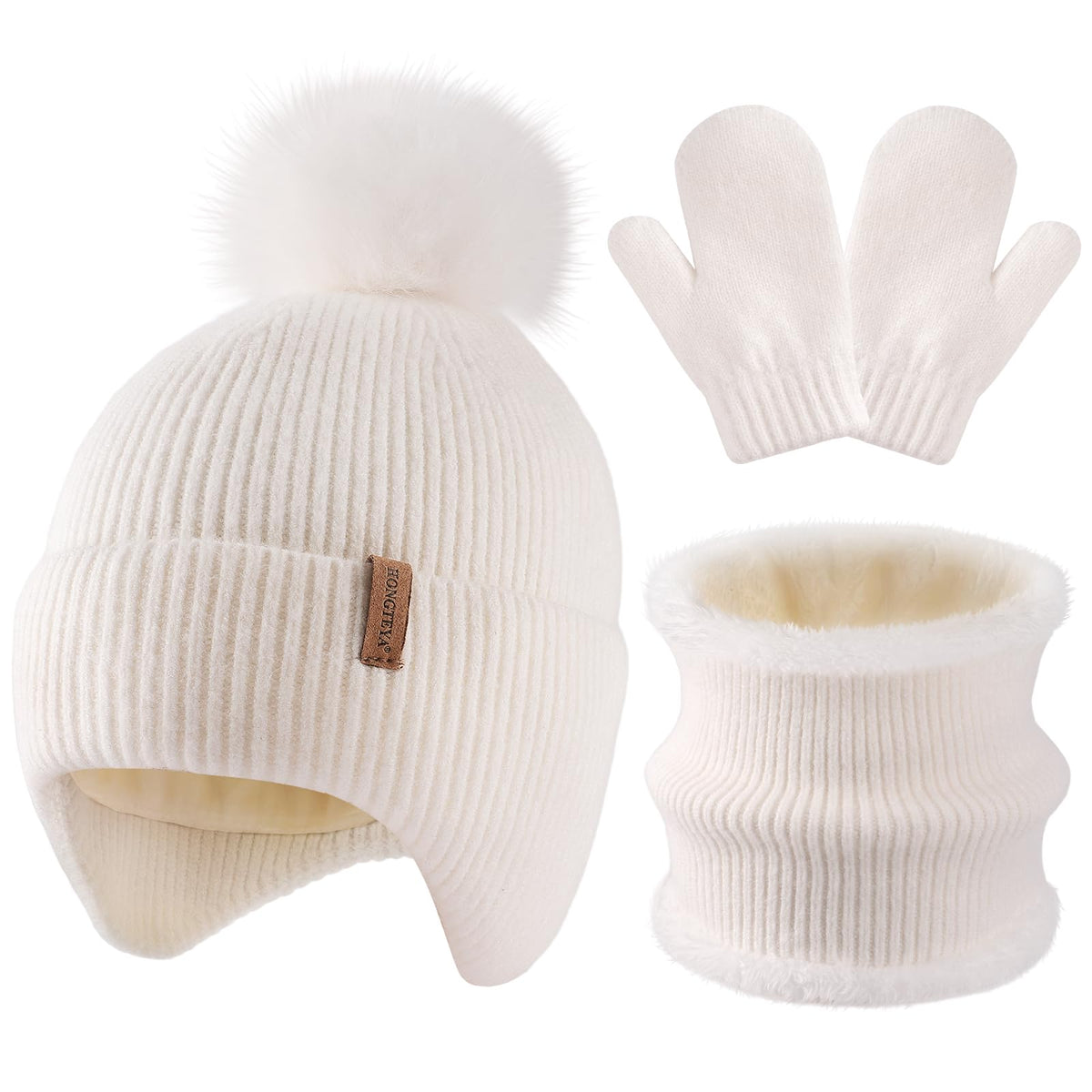 HONGTEYA Toddler Girls Winter Hat Gloves Scarf Set Warm Fleece Lined Knit
