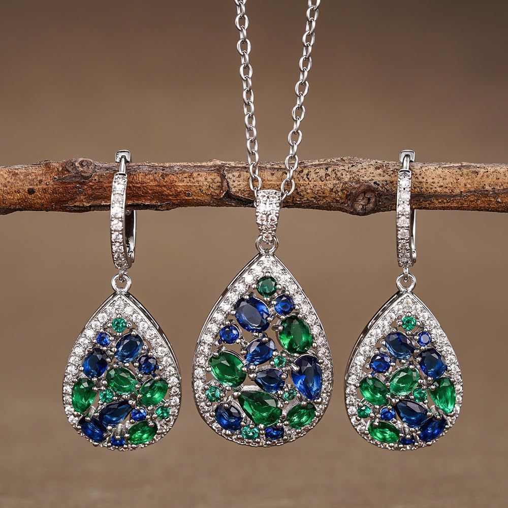 Delicate Color CZ Pendant Necklace Earrings Female Sparkling Jewelry Set