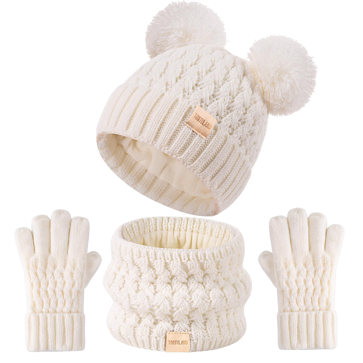 Kids Winter Hat Scarf Gloves Set Children's Warm Knit Fleece Lined Pompom Hat for Boys and Girls Ages 3-9