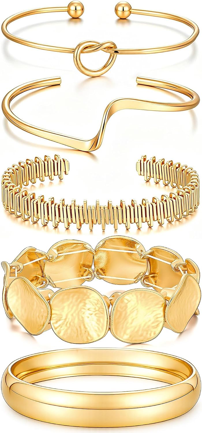 5Pcs Gold Bangle Bracelets for Women, Chunky Stackable Cuff Bracelet Set