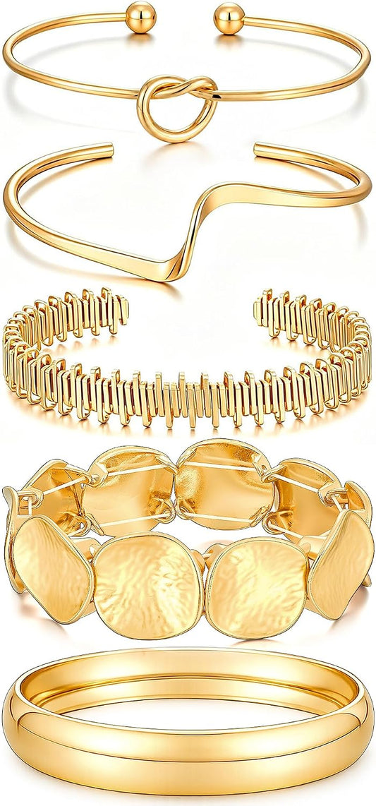 5Pcs Gold Bangle Bracelets for Women, Chunky Stackable Cuff Bracelet Set