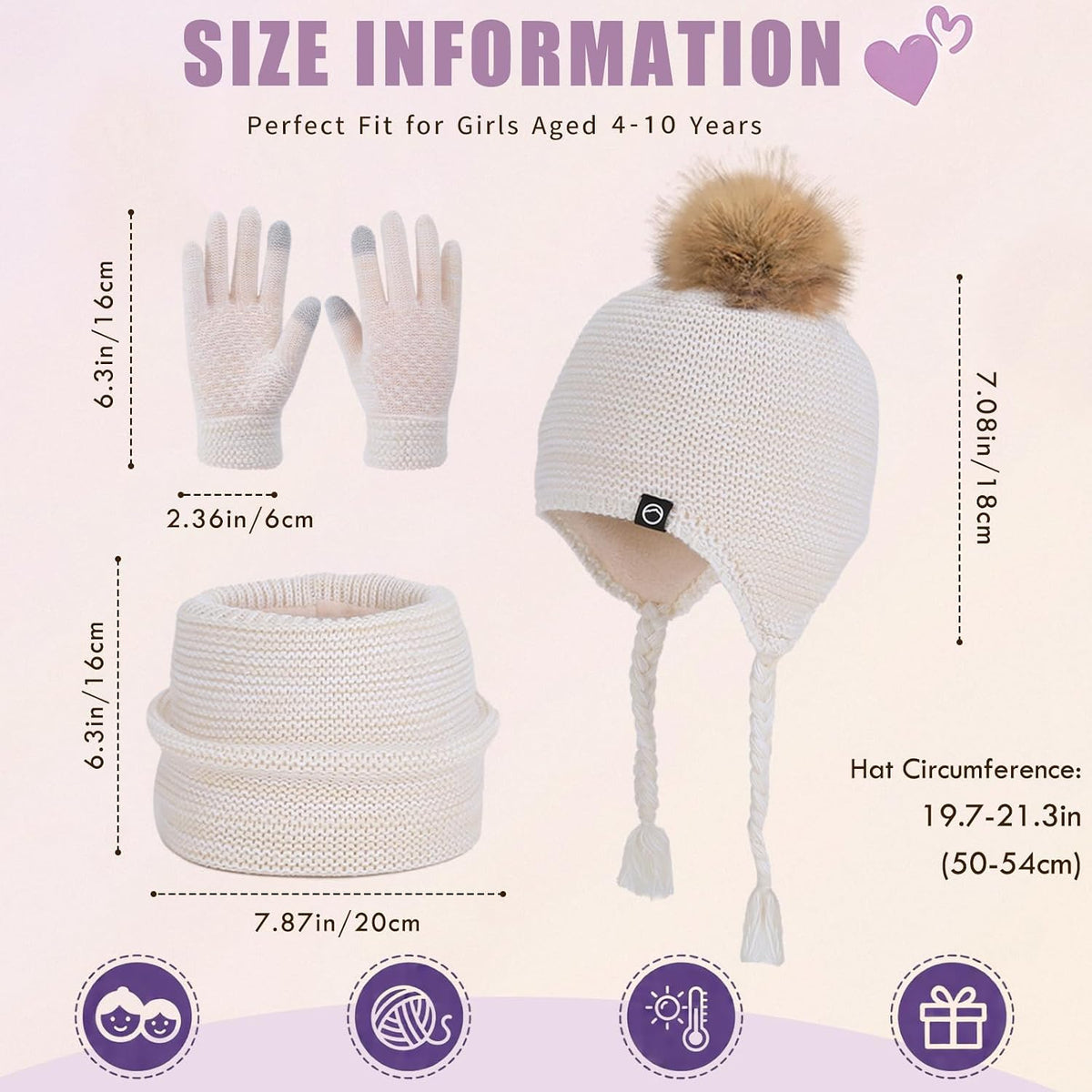 Kids Winter Hat Gloves Scarf Set Warm Earflaps Soft Fleece Lined 4-10Y