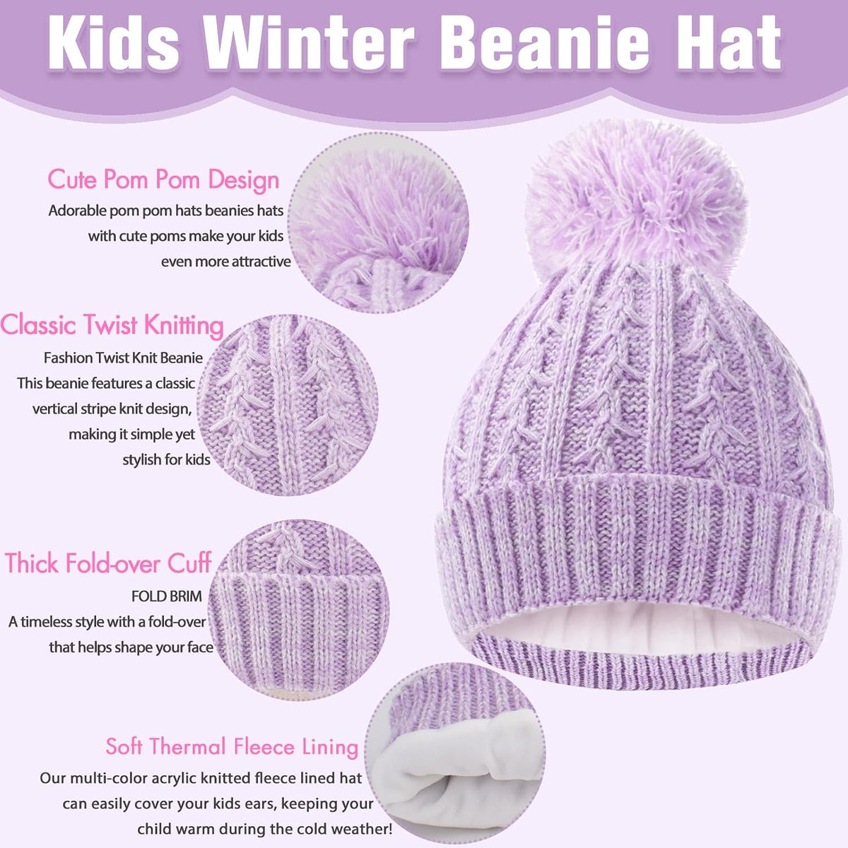 Girls Winter Hat Scarf Gloves Set, Toddler Fleece Lined Beanie Hat with Pom Rainbow Hat Scarf Mittens for Girl 4-15 Year