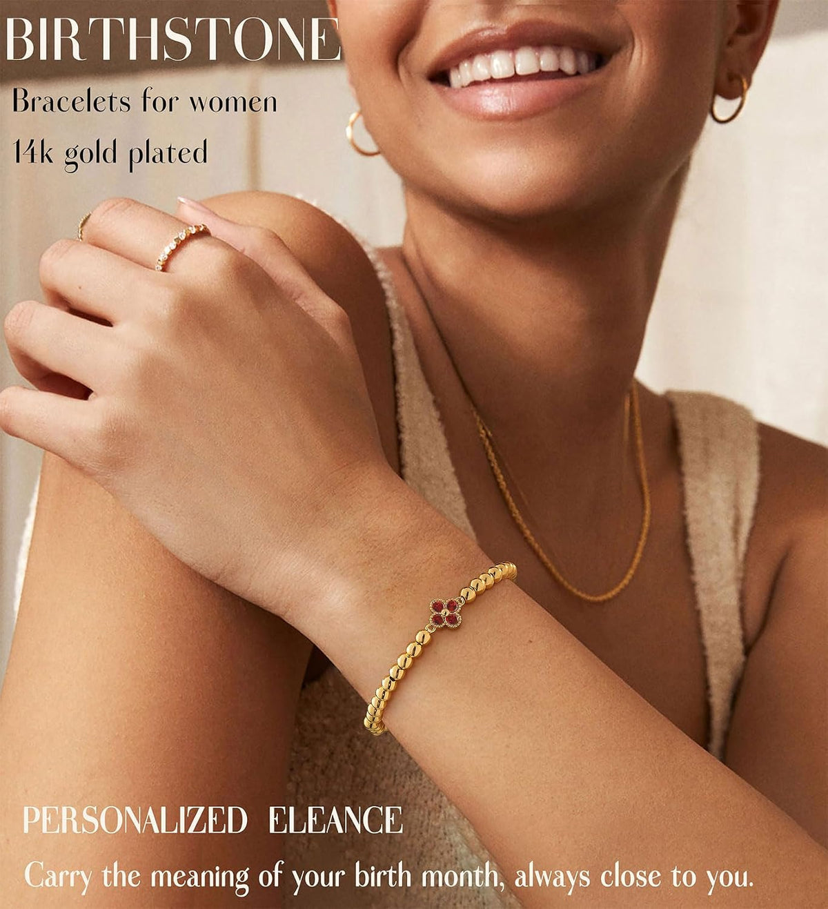 Birthstone Gold Bracelets for Women Non Tarnish Elastic 14K Gold Plated Bead Bracelets Trendy CZ Clover Bracelet Stackable Friendship Bracelets Dainty Jewelry Gifts for Mom Best Friend