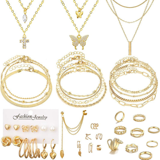 36 Pieces Gold Jewelry Set Fashion Gold Plated Necklaces Snake Rings Bracelets Earrings Set Anniversary Birthday Jewelry Gift for Women