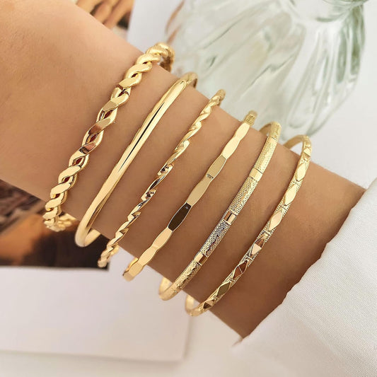 6 Pcs Gold Plated Bracelet Set for Women: Bangles, Cuffs & Dainty Chains | 14K Mixed Stackable Bracelets for Layered Look, Complete Jewelry Collection Gift