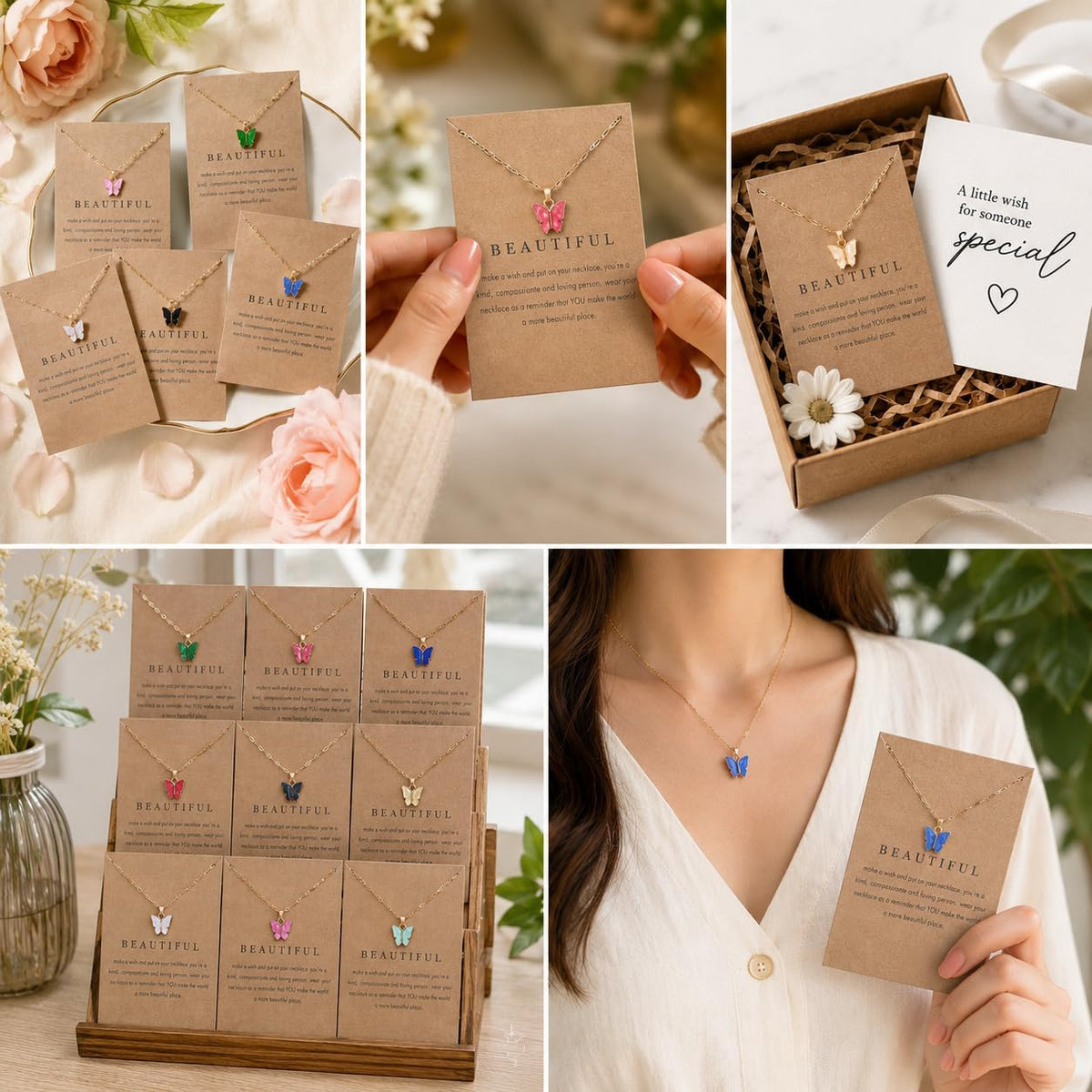 Rrdaily Dainty Colorful Butterfly Pendant Necklace Set for Women,Bohemian Acrylic Butterfly Chain Necklace Cute Jewelry Gift