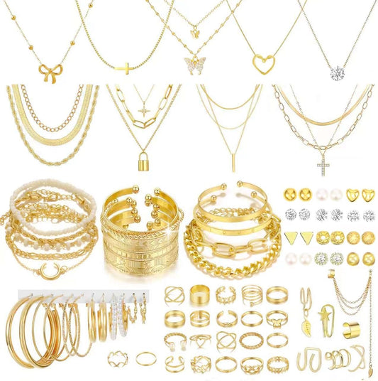92 Pcs Gold Jewelry Set for Women-Includes 9 Layered Necklaces,16 Bracelets,43 Hoop|Stud|Cuff Earrings & 22 Knuckle Rings |Fashion Jewelry Gift Set
