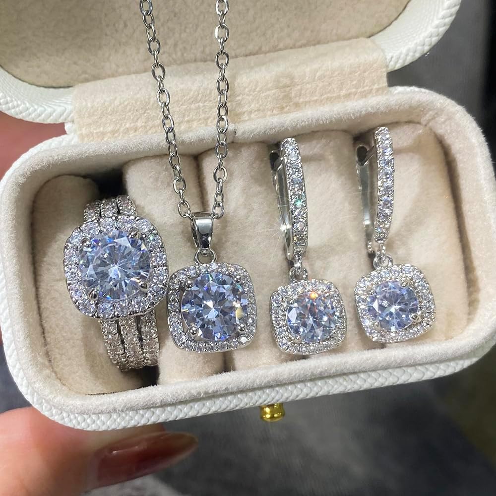 Luxury Brilliant Necklace Earrings Rings Women Charming Wedding Jewelry Set