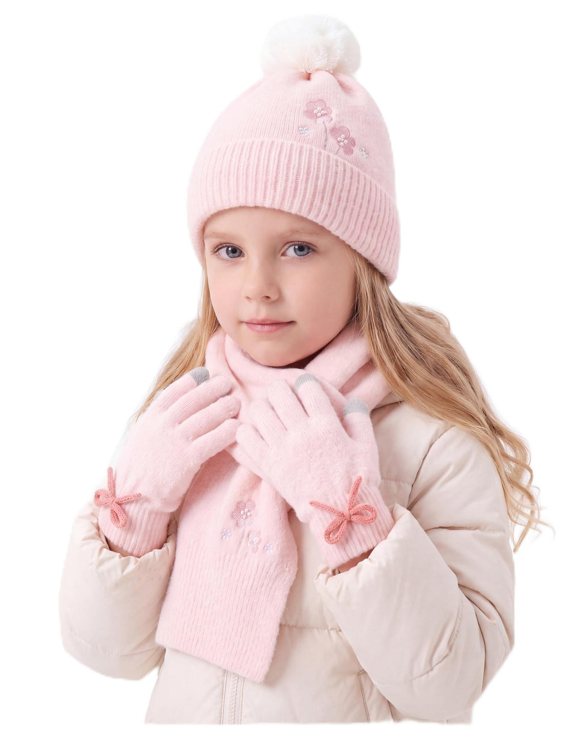 Connectyle Girls Winter Hat Scarf Gloves Set Warm Fleece Lined Pom Beanie