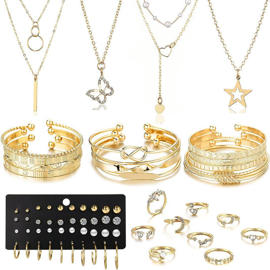 46Pcs Gold Jewelry Set for Women with 5 Necklace, 12 Bracelet, 5 Hoop Earrings, 15 Stud Earrings and 9 Rings Jewelry Set For Gifts for Women.