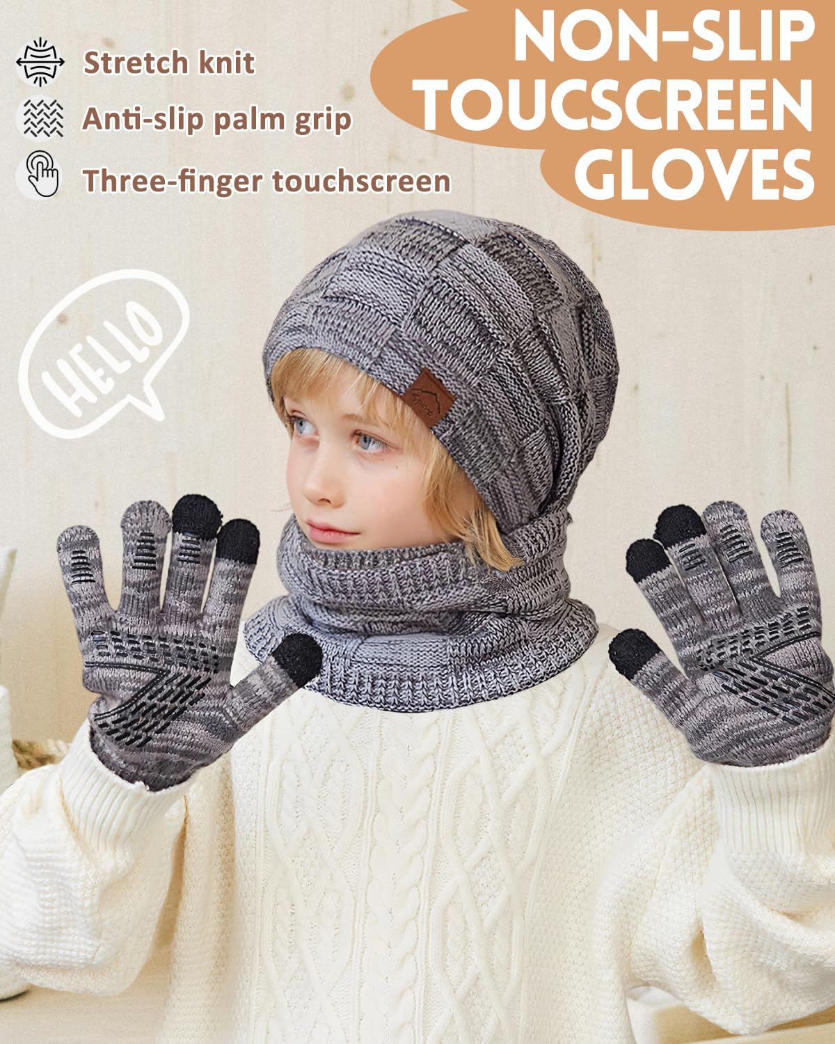 KMOLY Kids Winter Hat TouchScreen Gloves Scarf Set Warm Fleece Lined 4-10Y