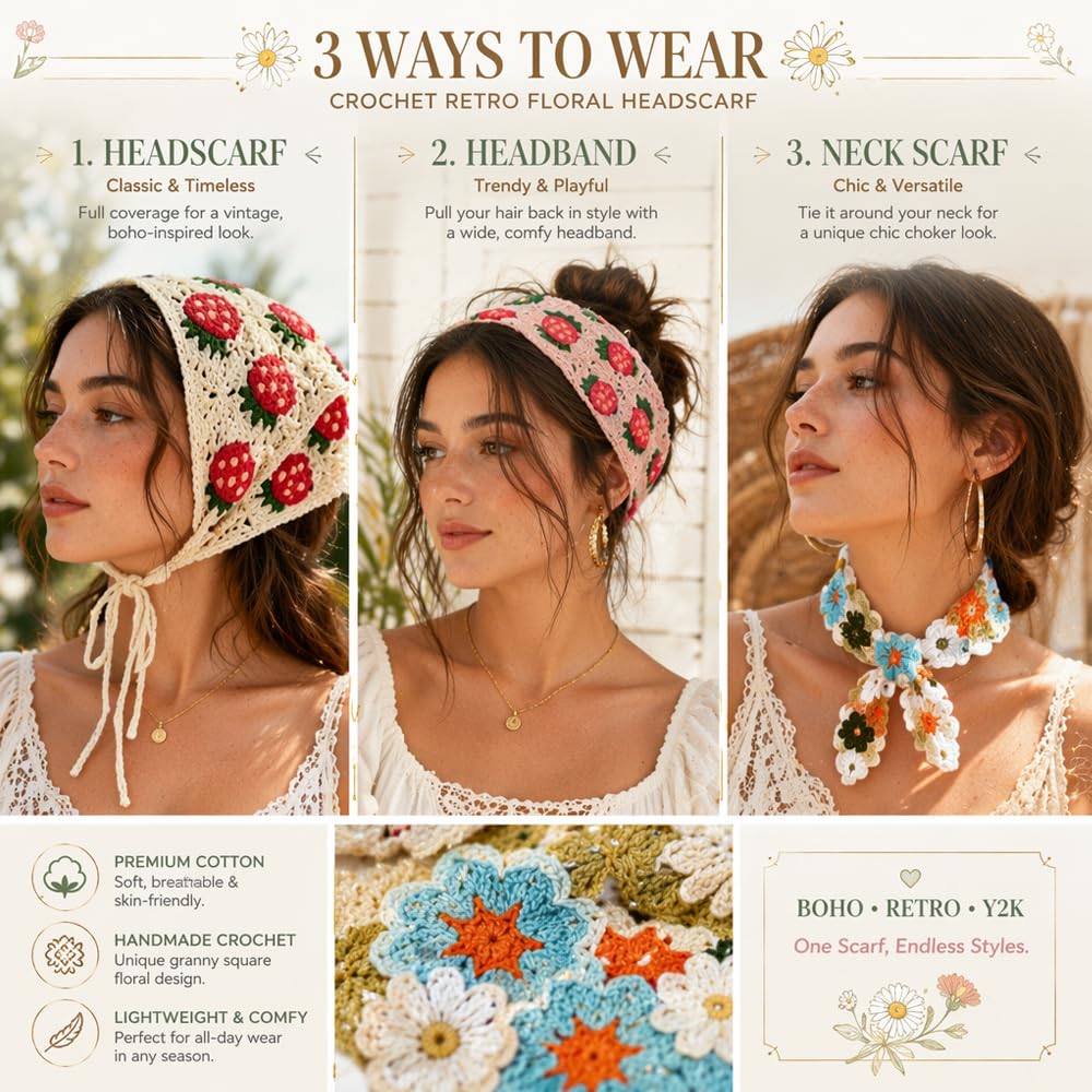 6Pcs Crochet Bandanas for Women, Knitted Floral Headscarf Daisy Pattern Retro Boho Hair Scarf for Girls, Cute Granny Square Headwrap Hand Knit Hair Accessories Set