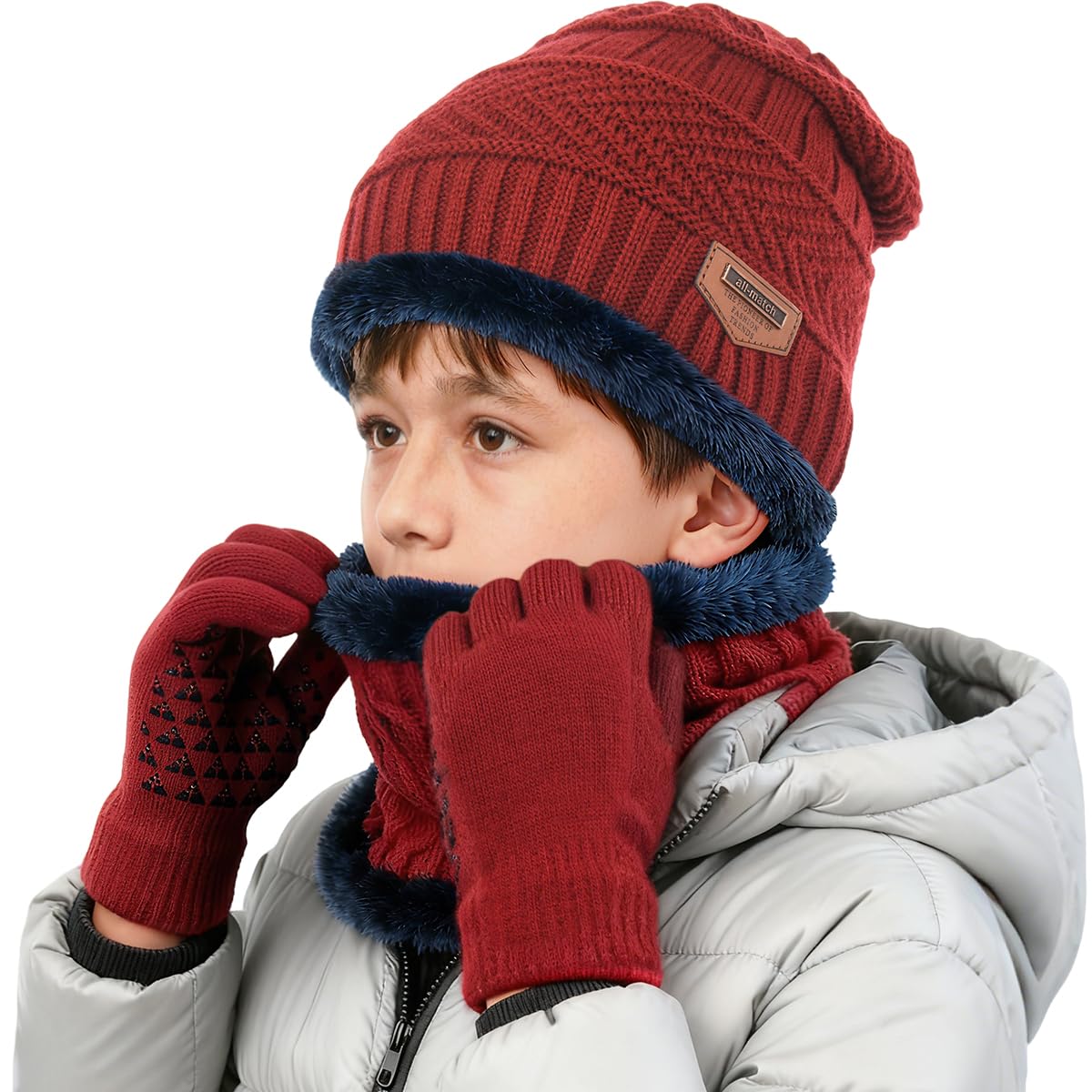 Kids Winter Hat Scarf&Touchscreen Gloves Set，Knitted Beanie with Fleece Lining, Neck Warmer for Boys Girls 4-15 Years