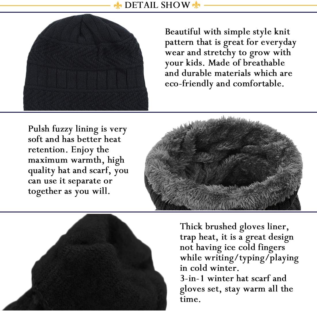 3Pcs Winter Hats Neck Warmer Scarf and Touch Screen Gloves Set for Kids