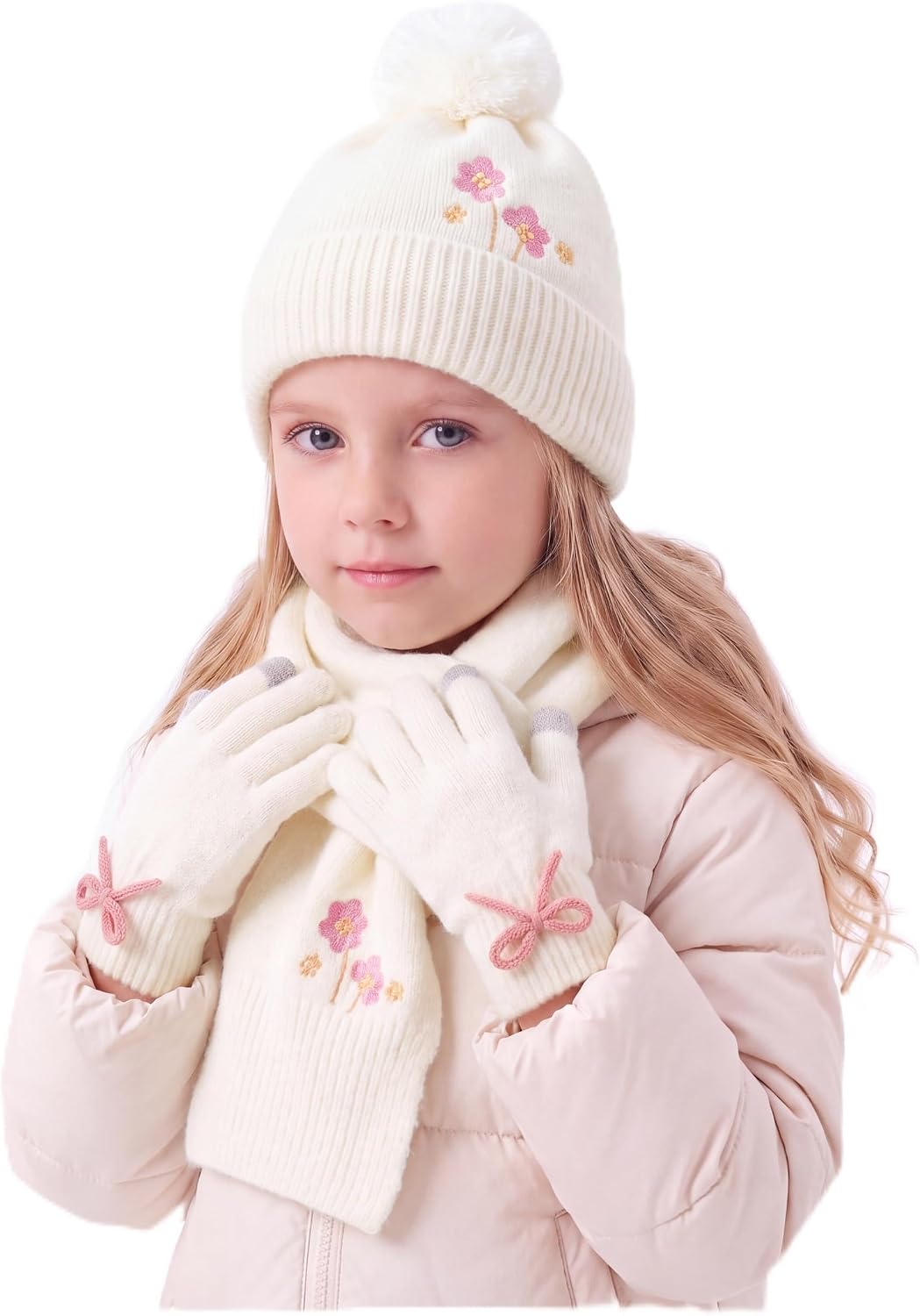 Connectyle Girls Winter Hat Scarf Gloves Set Warm Fleece Lined Pom Beanie