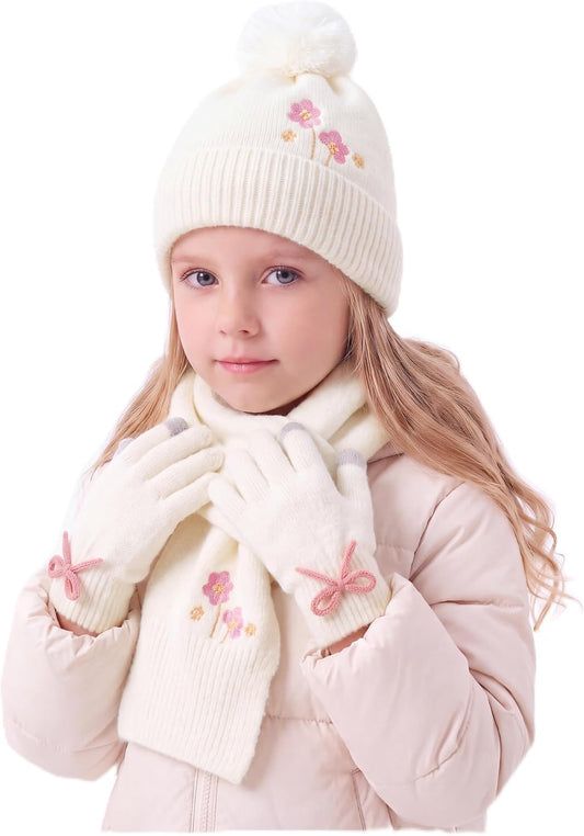 Connectyle Girls Winter Hat Scarf Gloves Set Warm Fleece Lined Pom Beanie