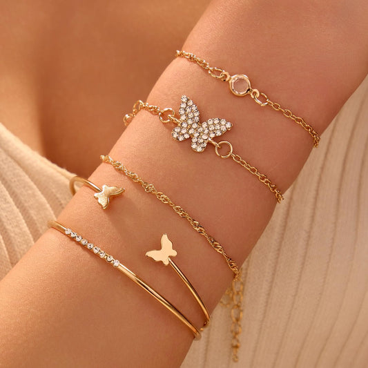 5 PCS Gold Bow Bracelets Set for Women, Elegant Butterfly and Pearl Accented Layered Bracelet Set - Delicate Fashion Jewelry