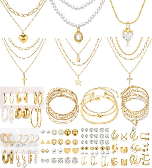 120PCS Gold Jewelry Sets For Women, With 7 Necklace,12 Bracelet,30pcs Hoop Earring,59pcs stud earrings and 12pcs cuff Ear Earrings Friendship for Happy Gifts