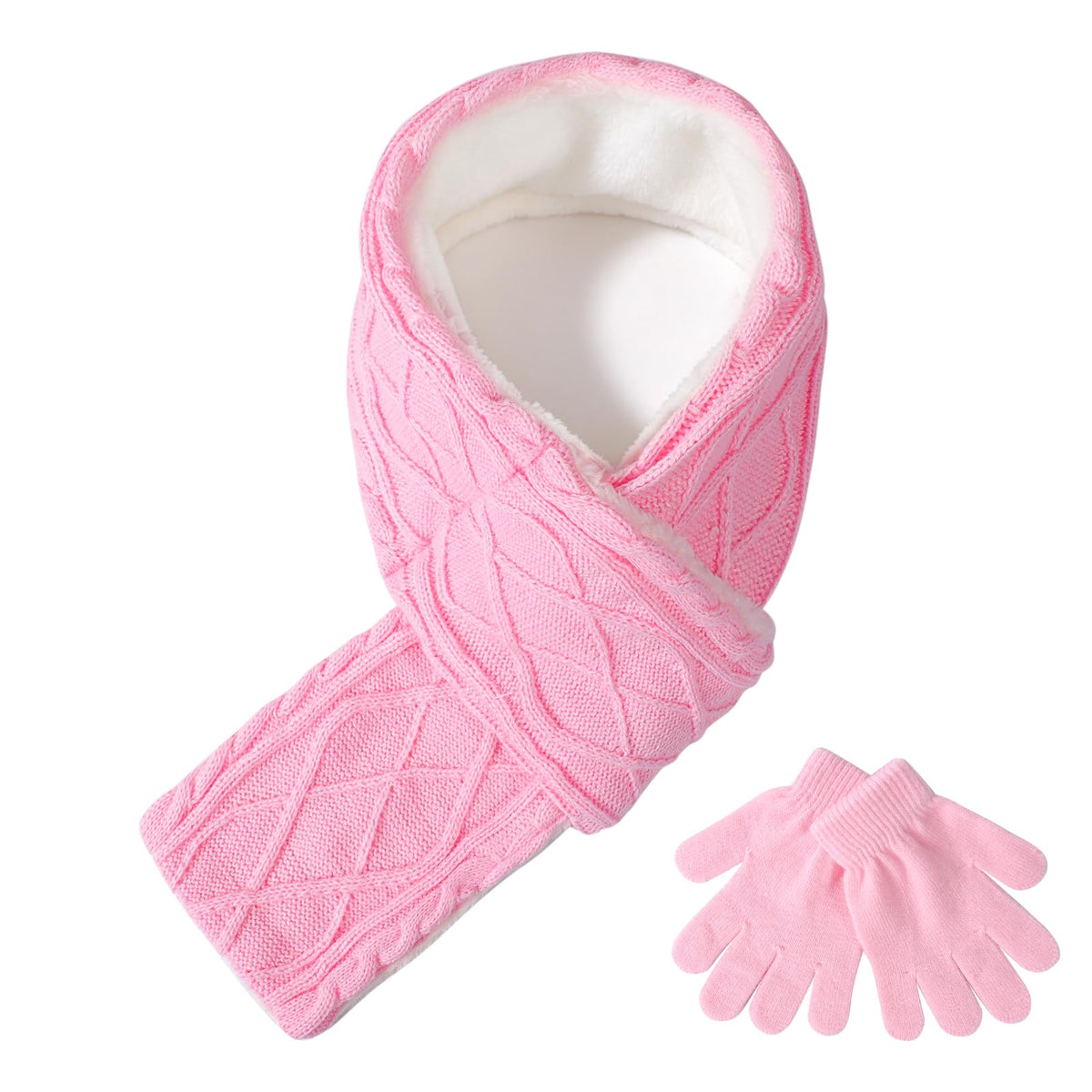 Kids Winter Gloves Scarf Set, Girls Fleece Lined Cable Knit Neck Warmer with Warm Mittens Cold Weather Gifts for Ages 7-14