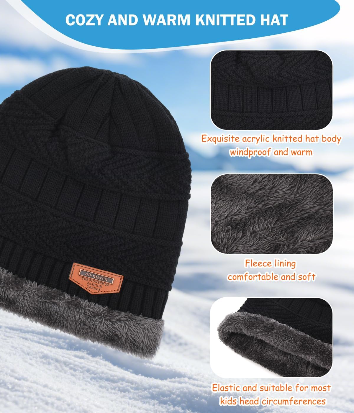 Kids Winter Hat Scarf&Touchscreen Gloves Set，Knitted Beanie with Fleece Lining, Neck Warmer for Boys Girls 4-15 Years