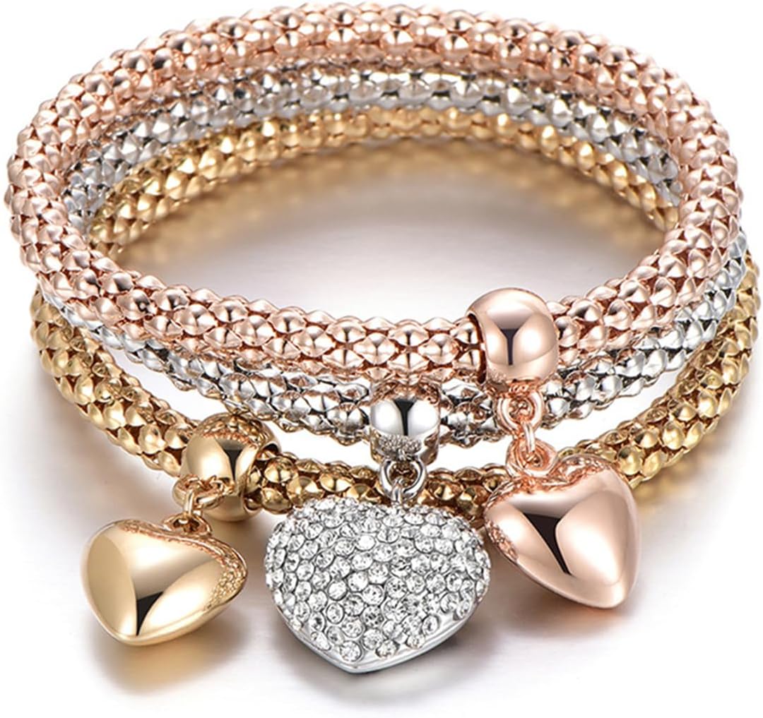 SILANER Crystal Charms Multilayer Bracelets - 3PCS Gold/Silver/Rose Gold Corn Chain Bracelet for Women, Tree of Life Heart Shaped Stretch Bracelet