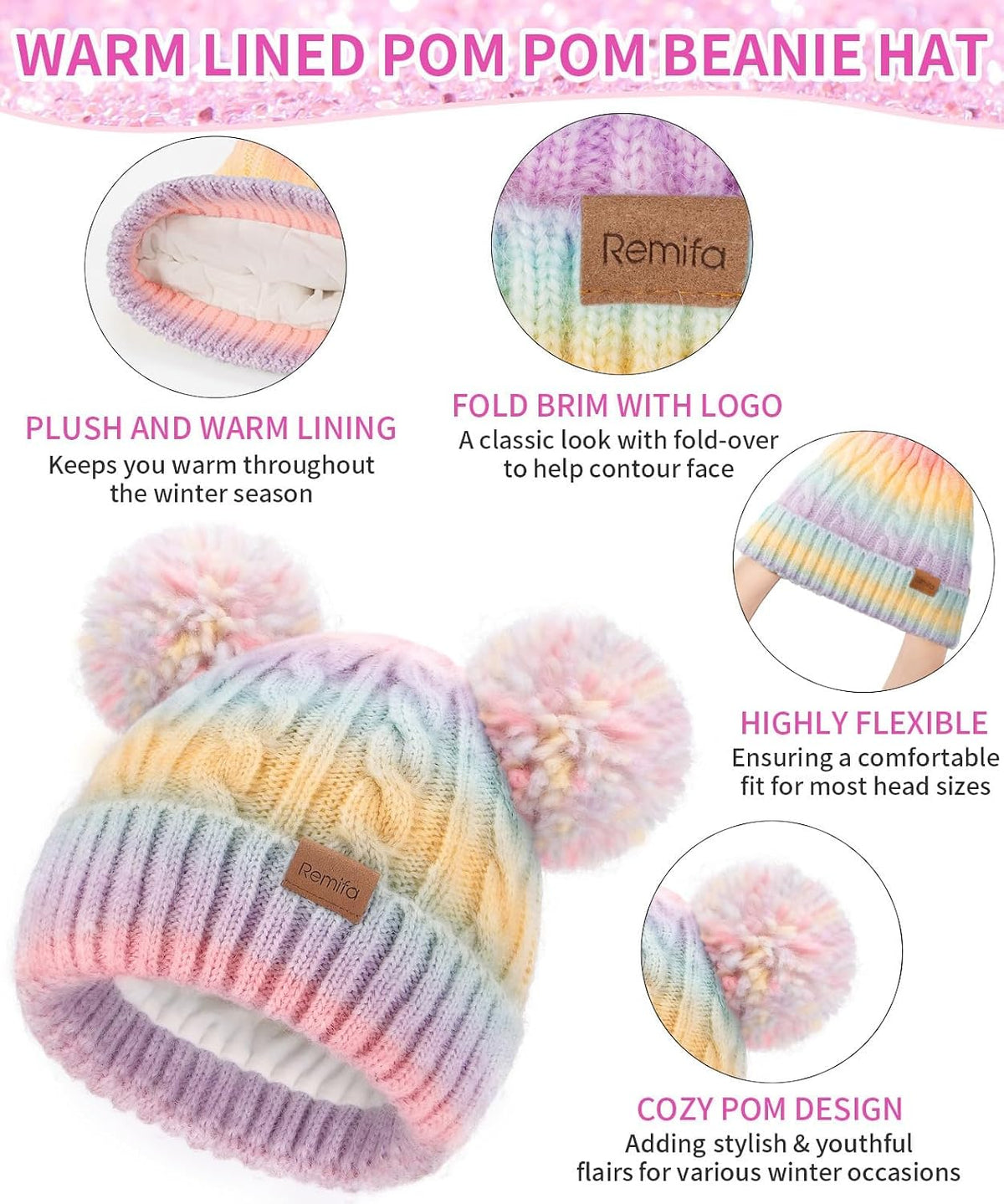 Kids Winter Hat Scarf Gloves Set, Toddler Girl Boy 8% Wool Fleece Lined Pom Beanie Knit Neck Mittens Children Christmas Gifts